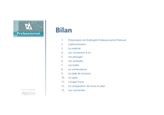 Une formation
Bilan
1. Présentation de Draftsight Professionnel et Premium
2. L’administration
3. Le matériel
4. Les connexions à vis
5. Les perçages
6. Les symboles
7. Les bulles
8. La nomenclature
9. La table de révisions
10. Le cadre
11. L’image Tracer
12. La comparaison de mises en plan
13. Les contraintes
 