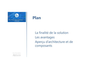 Une formation
La finalité de la solution
Les avantages
Aperçu d’architecture et de
composants
Plan
 