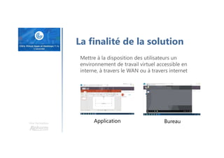 Une formation
La finalité de la solution
Mettre à la disposition des utilisateurs un
environnement de travail virtuel accessible en
interne, à travers le WAN ou à travers internet
Application Bureau
 