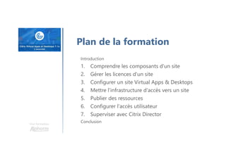 Une formation
Plan de la formation
Introduction
1. Comprendre les composants d'un site
2. Gérer les licences d'un site
3. Configurer un site Virtual Apps & Desktops
4. Mettre l'infrastructure d'accès vers un site
5. Publier des ressources
6. Configurer l'accès utilisateur
7. Superviser avec Citrix Director
Conclusion
 