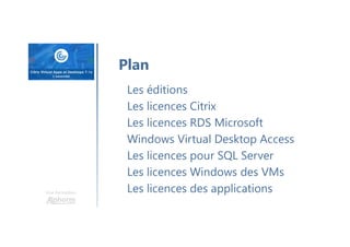Une formation
Les éditions
Les licences Citrix
Les licences RDS Microsoft
Windows Virtual Desktop Access
Les licences pour SQL Server
Les licences Windows des VMs
Les licences des applications
Plan
 