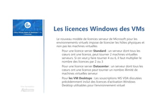Une formation
Les licences Windows des VMs
Le nouveau modèle de licences serveur de Microsoft pour les
environnements virtuels impose de licencier les hôtes physiques et
non pas les machines virtuelles
Pour une licence server Standard : un serveur dont tous les
cœurs ont une licence, peut tourner 2 machines virtuelles
serveurs. Si on veut y faire tourner 4 ou 6, il faut multiplier le
nombre des licences par 2 ou 3
Pour une licence server Datacenter : un serveur dont tous les
cœurs ont une licence peut tourner un nombre illimité de
machines virtuelles serveur
Pour les VM Desktops : Les souscriptions MS VDA discutées
précédemment inclut des licences d’activation Windows
Desktop utilisables pour l’environnement virtuel
 