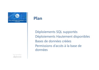 Une formation
Déploiements SQL supportés
Déploiements Hautement disponibles
Bases de données créées
Permissions d’accès à la base de
données
Plan
 