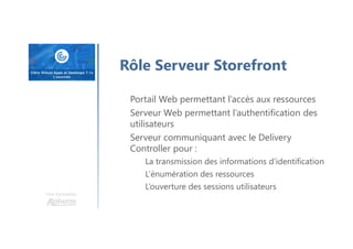 Une formation
Rôle Serveur Storefront
Portail Web permettant l’accès aux ressources
Serveur Web permettant l’authentification des
utilisateurs
Serveur communiquant avec le Delivery
Controller pour :
La transmission des informations d’identification
L’énumération des ressources
L’ouverture des sessions utilisateurs
 
