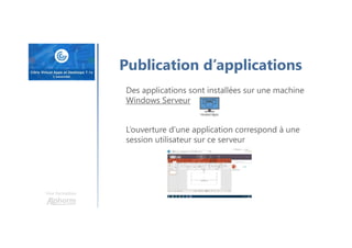 Une formation
Publication d’applications
Des applications sont installées sur une machine
Windows Serveur
L’ouverture d’une application correspond à une
session utilisateur sur ce serveur
 