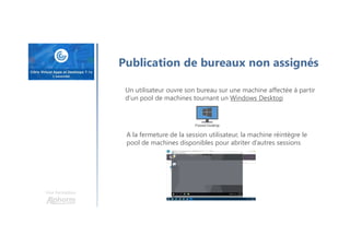 Une formation
Un utilisateur ouvre son bureau sur une machine affectée à partir
d’un pool de machines tournant un Windows Desktop
A la fermeture de la session utilisateur, la machine réintègre le
pool de machines disponibles pour abriter d’autres sessions
Publication de bureaux non assignés
 