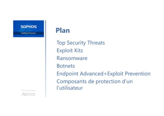 Une formation
Top Security Threats
Exploit Kits
Ransomware
Botnets
Endpoint Advanced+Exploit Prevention
Composants de protection d’un
l'utilisateur
Plan
 