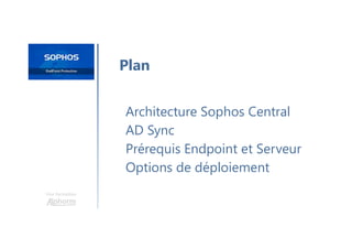 Une formation
Architecture Sophos Central
AD Sync
Prérequis Endpoint et Serveur
Options de déploiement
Plan
 
