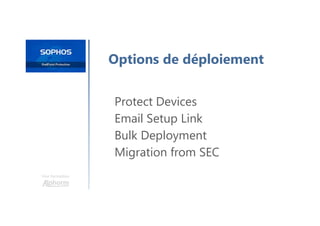 Une formation
Options de déploiement
Protect Devices
Email Setup Link
Bulk Deployment
Migration from SEC
 