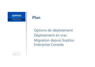 Une formation
Options de déploiement
Déploiement en vrac
Migration depuis Sophos
Enterprise Console
Plan
 