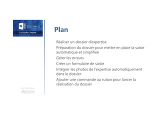 Une formation
Réaliser un dossier d’expertise
Préparation du dossier pour mettre en place la saisie
automatique et simplifiée
Gérer les erreurs
Créer un formulaire de saisie
Intégrer les photos de l’expertise automatiquement
dans le dossier
Ajouter une commande au ruban pour lancer la
réalisation du dossier
Plan
 