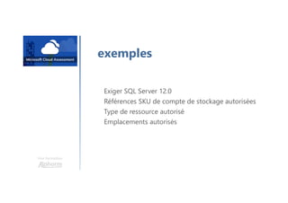 Une formation
exemples
Exiger SQL Server 12.0
Références SKU de compte de stockage autorisées
Type de ressource autorisé
Emplacements autorisés
 