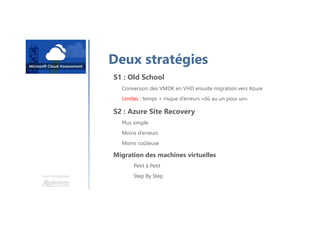 Une formation
Deux stratégies
S1 : Old School
Conversion des VMDK en VHD ensuite migration vers Azure
Limites : temps + risque d’erreurs «dû au un pour un»
S2 : Azure Site Recovery
Plus simple
Moins d’erreurs
Moins coûteuse
Migration des machines virtuelles
Petit à Petit
Step By Step
 