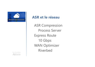 Une formation
ASR et le réseau
ASR Compression
Process Server
Express Route
10 Gbps
WAN Optimizer
Riverbed
 