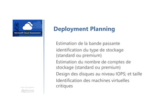 Une formation
Deployment Planning
Estimation de la bande passante
identification du type de stockage
(standard ou premium)
Estimation du nombre de comptes de
stockage (standard ou premium)
Design des disques au niveau IOPS; et taille
Identification des machines virtuelles
critiques
 