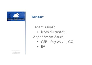 Une formation
Tenant
Tenant Azure :
• Nom du tenant
Abonnement Azure
• CSP – Pay As you GO
• EA
 