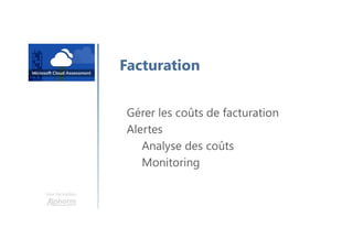 Une formation
Facturation
Gérer les coûts de facturation
Alertes
Analyse des coûts
Monitoring
 