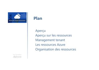 Une formation
Aperçu
Aperçu sur les ressources
Management tenant
Les ressources Azure
Organisation des ressources
Plan
 