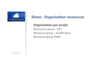 Une formation
Démo : Organisation ressources
Organisation par projet
Ressources group – DEV
Ressource group – Qualification
Ressource group PROD
 