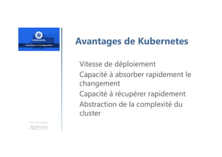 Une formation
Avantages de Kubernetes
Vitesse de déploiement
Capacité à absorber rapidement le
changement
Capacité à récupérer rapidement
Abstraction de la complexité du
cluster
 