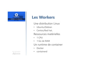 Une formation
Les Workers
Une distribution Linux
• Ubuntu/Debian
• Centos/Red hat..
Ressources matérielles
• 1 CPU
• 1 Go de RAM
Un runtime de container
• Docker
• containerd
 