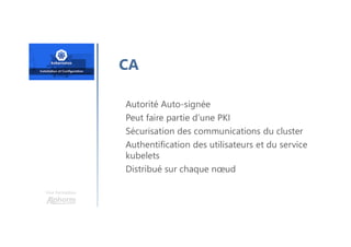Une formation
CA
Autorité Auto-signée
Peut faire partie d’une PKI
Sécurisation des communications du cluster
Authentification des utilisateurs et du service
kubelets
Distribué sur chaque nœud
 