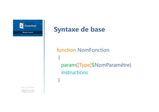 Une formation
function NomFonction
{
param([Type]$NomParamètre)
instructions
}
Syntaxe de base
 