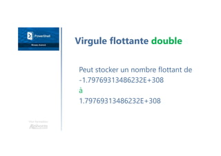 Une formation
Peut stocker un nombre flottant de
-1.79769313486232E+308
à
1.79769313486232E+308
Virgule flottante double
 
