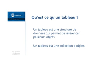 Une formation
Un tableau est une structure de
données qui permet de référencer
plusieurs objets
Un tableau est une collection d'objets
Qu'est ce qu'un tableau ?
 