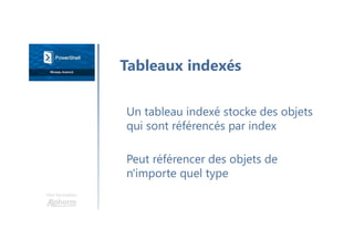 Une formation
Un tableau indexé stocke des objets
qui sont référencés par index
Peut référencer des objets de
n'importe quel type
Tableaux indexés
 