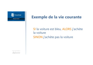 Une formation
SI la voiture est bleu, ALORS j'achète
la voiture
SINON j'achète pas la voiture
Exemple de la vie courante
 
