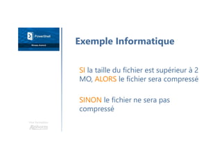 Une formation
SI la taille du fichier est supérieur à 2
MO, ALORS le fichier sera compressé
SINON le fichier ne sera pas
compressé
Exemple Informatique
 