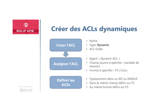 Une formation
Créer des ACLs dynamiques
• Name
• Type: Dynamic
• ACL Order
Créer l’ACL
Assigner l’ACL
Définir les
ACEs
• Agent « Dynamic ACL »
• Champ source à spécifier (variable de
session)
• Format à spécifier : F5 | Cisco
• Typiquement dans un AD ou RADIUS
• Dans le même champ défini sur F5
• Au même format défini sur F5
 