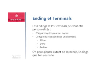 Une formation
Ending et Terminals
Les Endings et les Terminals peuvent être
personnalisés :
• D’apparence (couleurs et noms)
• De type d’action (Endings uniquement)
• Allow
• Deny
• Redirect
On peut ajouter autant de Terminals/Endings
que l’on souhaite
 