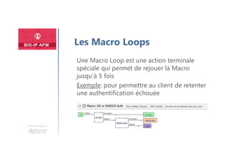 Une formation
Les Macro Loops
Une Macro Loop est une action terminale
spéciale qui permet de rejouer la Macro
jusqu’à 5 fois
Exemple: pour permettre au client de retenter
une authentification échouée
 