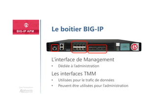 Plan
Une formation
Le boitier BIG-IP
L’interface de Management
• Dédiée à l’administration
Les interfaces TMM
• Utilisées pour le trafic de données
• Peuvent être utilisées pour l’administration
 