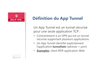 Une formation
Définition du App Tunnel
Un App Tunnel est un tunnel sécurisé
pour une seule application TCP :
• Contrairement à un VPN qui est un tunnel
sécurisé supportant plusieurs applications
• Un App Tunnel identifie explicitement
l’application tunnelisée (adresse + port)
• Exemples: client RDP, application Web
 
