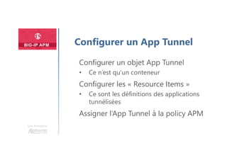 Une formation
Configurer un App Tunnel
Configurer un objet App Tunnel
• Ce n’est qu’un conteneur
Configurer les « Resource Items »
• Ce sont les définitions des applications
tunnélisées
Assigner l’App Tunnel à la policy APM
 