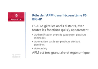 Une formation
F5 APM gère les accès distants, avec
toutes les fonctions qui s’y apparentent
• Authentification avancée supportant plusieurs
méthodes
• Autorisation basée sur plusieurs attributs
possibles
• Accounting
APM est très granulaire et ergonomique
Rôle de l’APM dans l’écosystème F5
BIG-IP
 