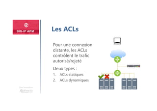 Une formation
Les ACLs
Pour une connexion
distante, les ACLs
contrôlent le trafic
autorisé/rejeté
Deux types :
1. ACLs statiques
2. ACLs dynamiques
 