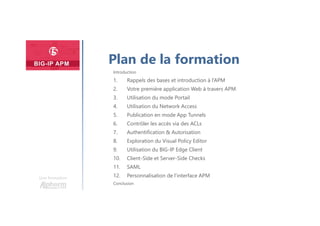 Plan de la formation
Une formation
Introduction
1. Rappels des bases et introduction à l’APM
2. Votre première application Web à travers APM
3. Utilisation du mode Portail
4. Utilisation du Network Access
5. Publication en mode App Tunnels
6. Contrôler les accès via des ACLs
7. Authentification & Autorisation
8. Exploration du Visual Policy Editor
9. Utilisation du BIG-IP Edge Client
10. Client-Side et Server-Side Checks
11. SAML
12. Personnalisation de l’interface APM
Conclusion
 