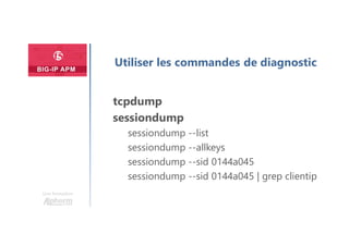 Plan
Une formation
Utiliser les commandes de diagnostic
tcpdump
sessiondump
sessiondump --list
sessiondump --allkeys
sessiondump --sid 0144a045
sessiondump --sid 0144a045 | grep clientip
 
