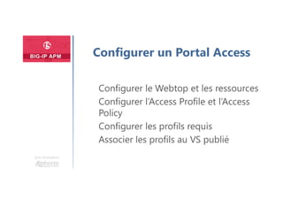 Plan
Une formation
Configurer un Portal Access
Configurer le Webtop et les ressources
Configurer l’Access Profile et l’Access
Policy
Configurer les profils requis
Associer les profils au VS publié
 
