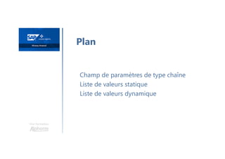 Une formation
Champ de paramètres de type chaîne
Liste de valeurs statique
Liste de valeurs dynamique
Plan
 