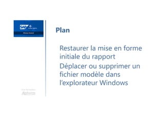 Une formation
Restaurer la mise en forme
initiale du rapport
Déplacer ou supprimer un
fichier modèle dans
l’explorateur Windows
Plan
 