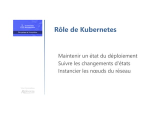 Une formation
Maintenir un état du déploiement
Suivre les changements d’états
Instancier les nœuds du réseau
Rôle de Kubernetes
 
