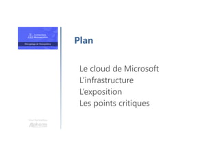 Une formation
Le cloud de Microsoft
L’infrastructure
L’exposition
Les points critiques
Plan
 
