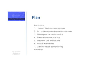 Une formation
Introduction
1. Les architectures microservices
2. La communication entre micro-services
3. Développer un micro-service
4. Exécuter un micro-service
5. Déployer une architecture
6. Utiliser Kubernetes
7. Administration et monitoring
Conclusion
Plan
 