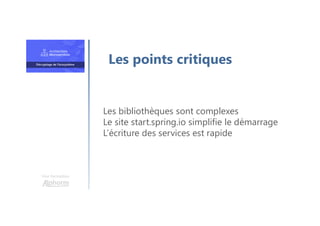 Une formation
Les bibliothèques sont complexes
Le site start.spring.io simplifie le démarrage
L’écriture des services est rapide
Les points critiques
 