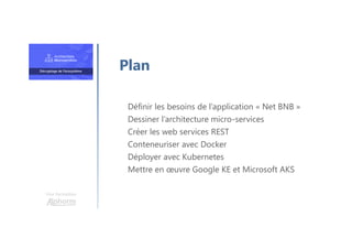 Une formation
Définir les besoins de l’application « Net BNB »
Dessiner l’architecture micro-services
Créer les web services REST
Conteneuriser avec Docker
Déployer avec Kubernetes
Mettre en œuvre Google KE et Microsoft AKS
Plan
 